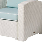 33" White Heavy Duty Plastic Outdoor Club Chair With Aqua Blue Cushion