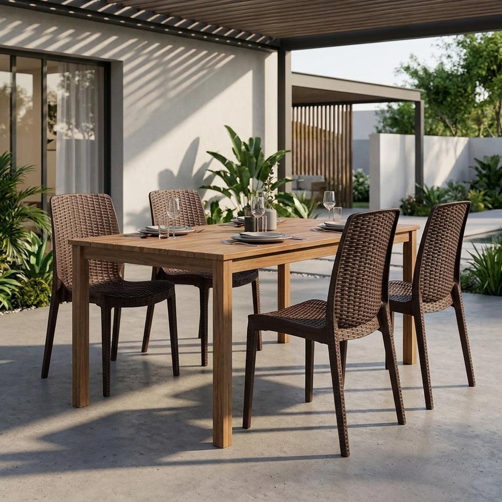 Set of Four Brown Heavy Duty Plastic Outdoor Stacking Dining Chairs