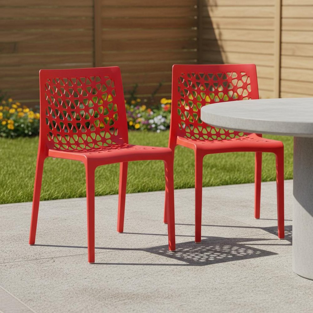 Set of Two Red Heavy Duty Plastic Outdoor Stacking Dining Chairs