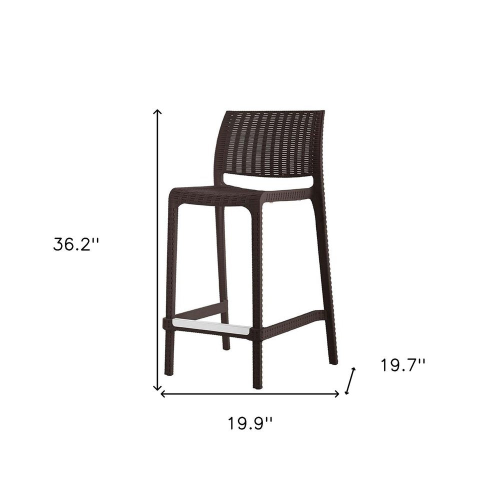 Set of Two 26" Brown Faux Rattan Low Back Outdoor Counter Height Bar Chairs