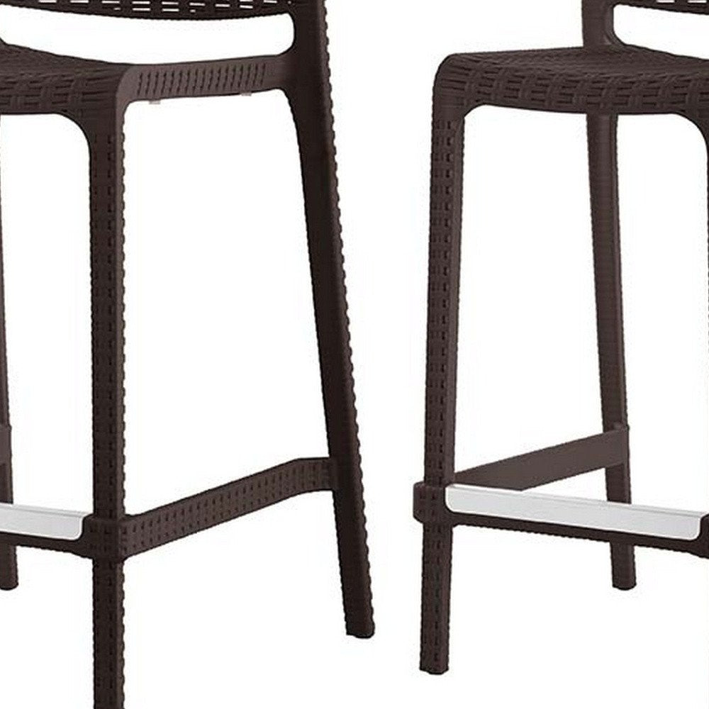 Set of Two 26" Brown Faux Rattan Low Back Outdoor Counter Height Bar Chairs