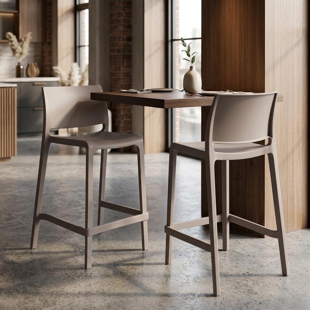 Set of Two 26" Taupe Heavy Duty Plastic Low Back Outdoor Counter Height Bar Chairs