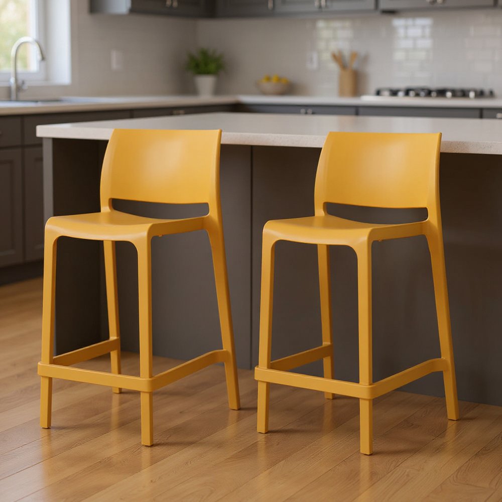 Set of Two 26" Gold and Yellow Heavy Duty Plastic Low Back Outdoor Counter Height Bar Chairs