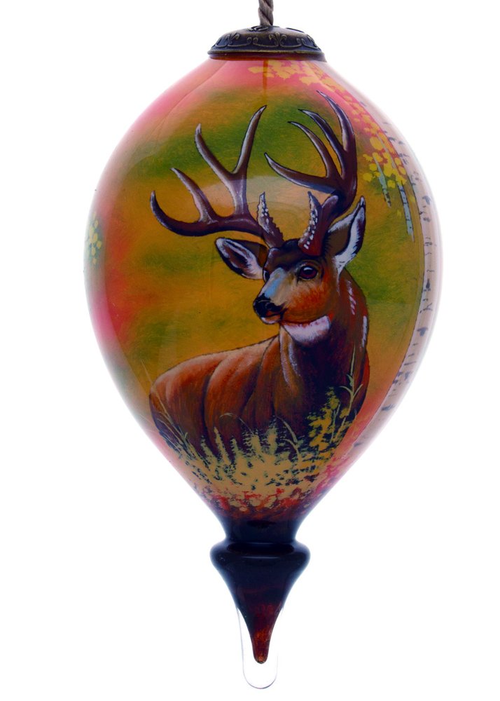 Mule Deer Hand Painted Brown And Green Glass Finial Ornament