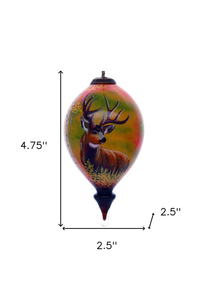 Mule Deer Hand Painted And Mouth Blown Brown And Green Glass Finial Ornament