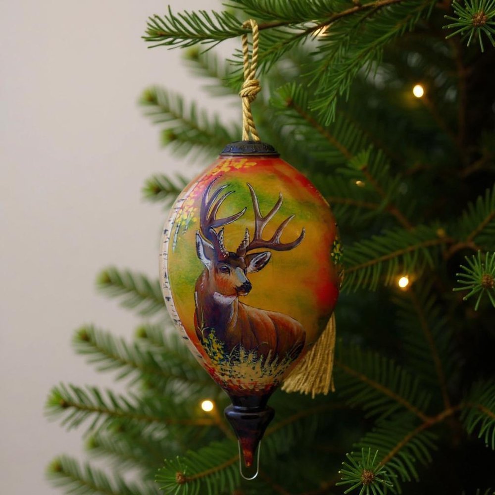 Mule Deer Hand Painted And Mouth Blown Brown And Green Glass Finial Ornament