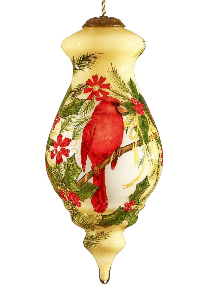 Merry Christmas Cardinal Christmas Hand Painted And Mouth Blown Cream Green And Red Glass Finial Ornament