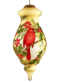 Merry Christmas Cardinal Christmas Hand Painted And Mouth Blown Cream Green And Red Glass Finial Ornament