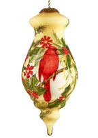 Merry Christmas Cardinal Christmas Hand Painted Red Green And Cream Glass Finial Ornament