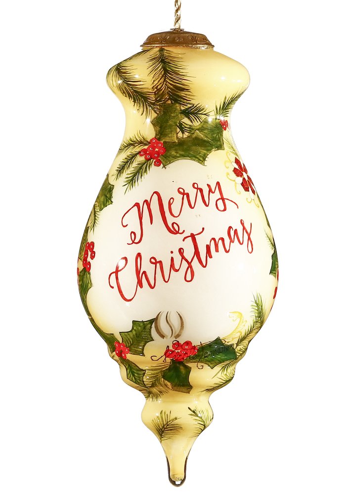 Merry Christmas Cardinal Christmas Hand Painted And Mouth Blown Cream Green And Red Glass Finial Ornament