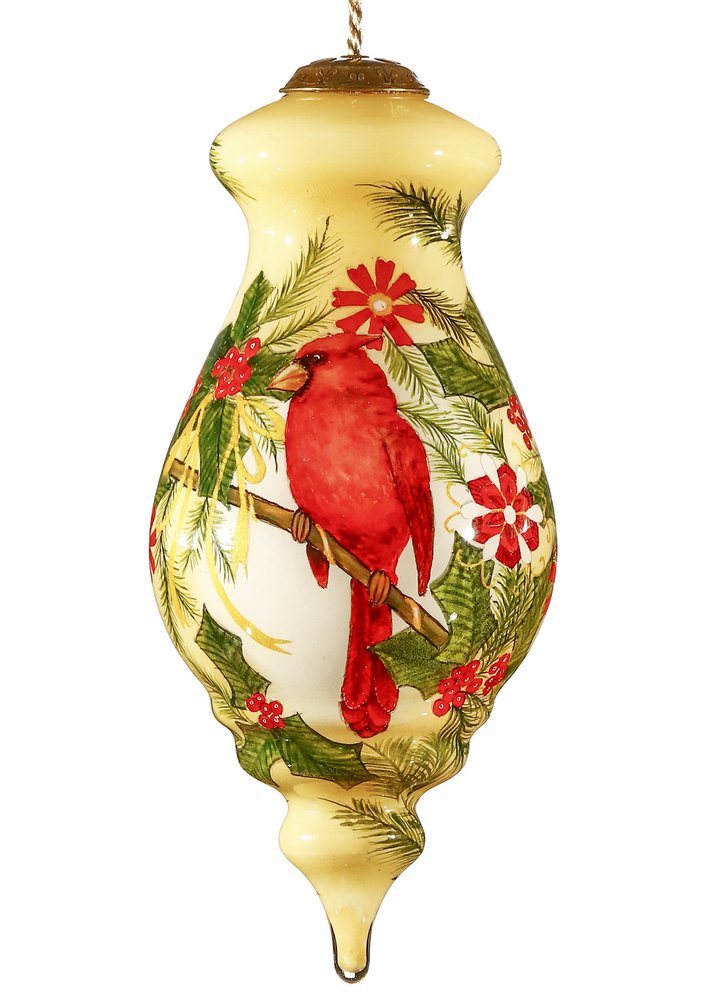 Merry Christmas Cardinal Christmas Hand Painted And Mouth Blown Cream Green And Red Glass Finial Ornament