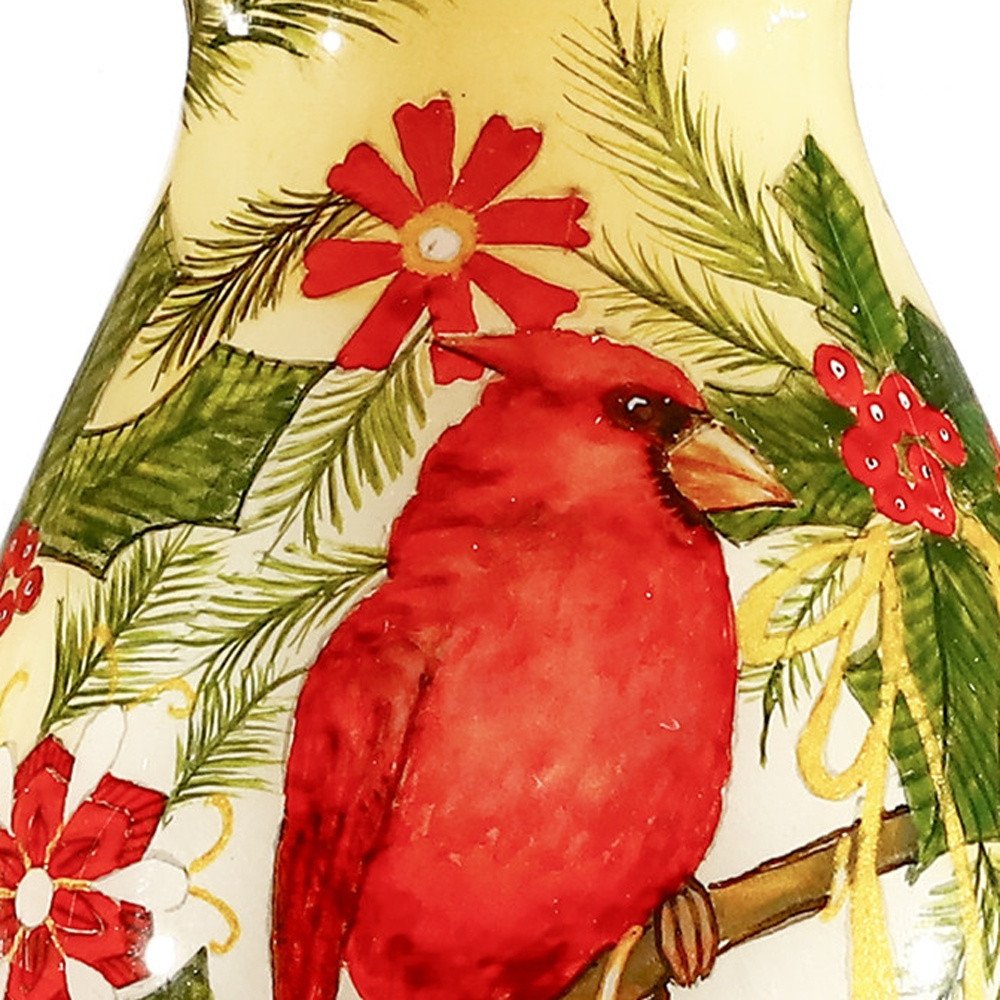 Merry Christmas Cardinal Christmas Hand Painted And Mouth Blown Cream Green And Red Glass Finial Ornament