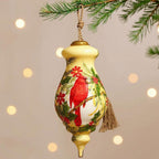 Merry Christmas Cardinal Christmas Hand Painted And Mouth Blown Cream Green And Red Glass Finial Ornament