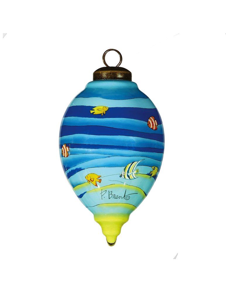 Christmas Santa Under The Sea Hand Painted And Mouth Blown Blue Red And Yellow Glass Finial Ornament