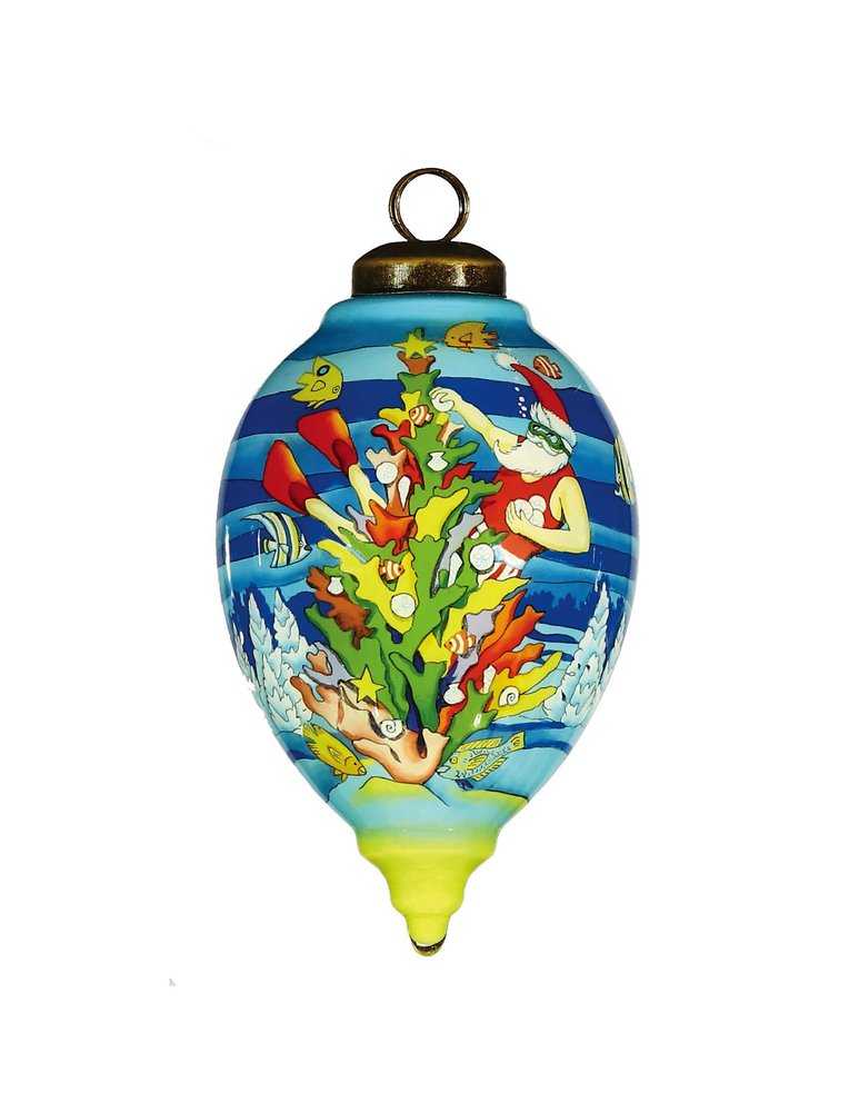 Christmas Santa Under The Sea Hand Painted Yellow Blue And Red Glass Finial Ornament