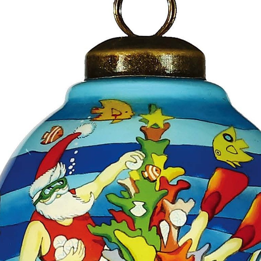 Christmas Santa Under The Sea Hand Painted And Mouth Blown Blue Red And Yellow Glass Finial Ornament