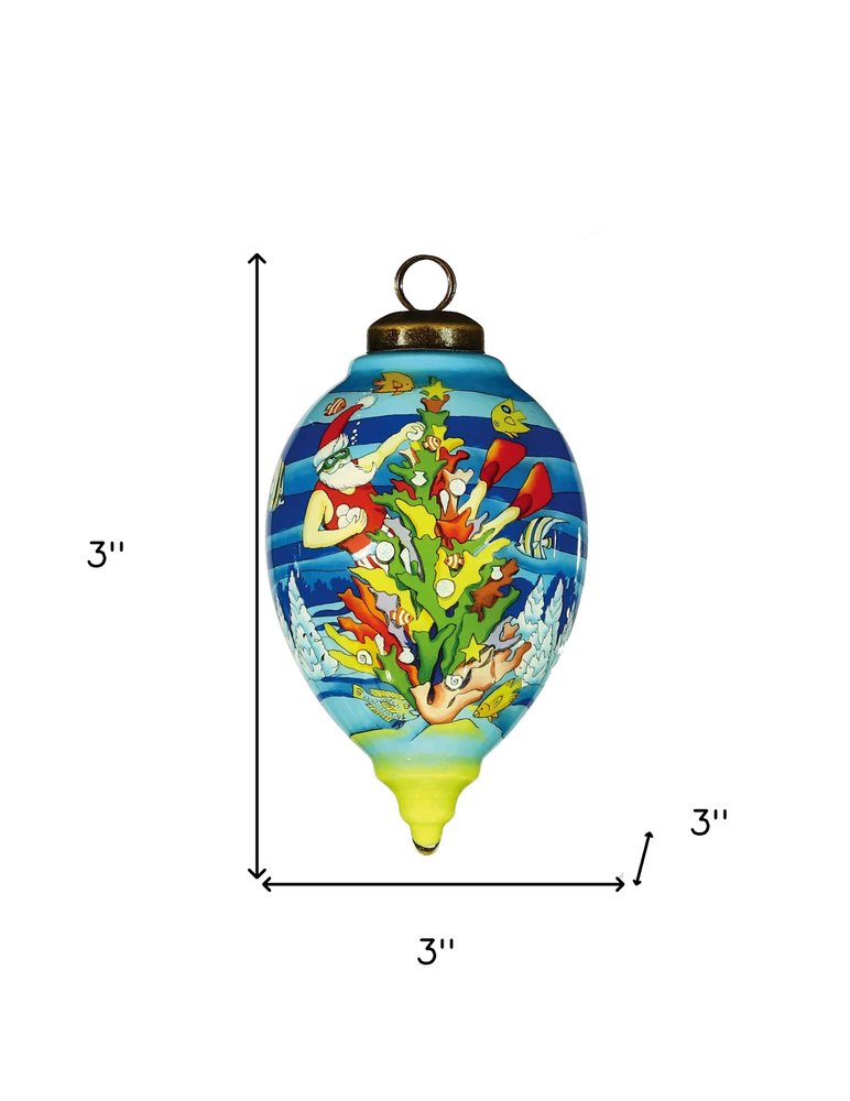 Christmas Santa Under The Sea Hand Painted And Mouth Blown Blue Red And Yellow Glass Finial Ornament