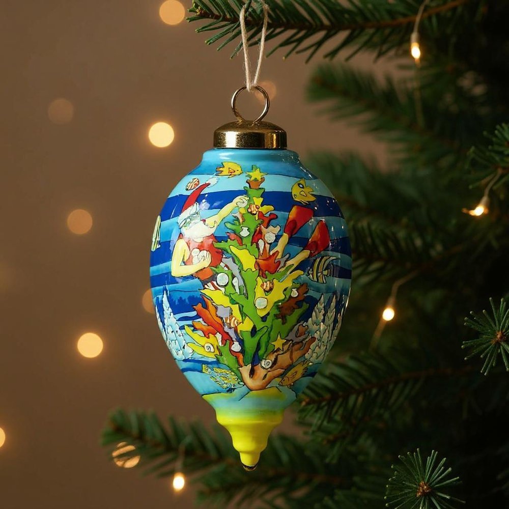 Christmas Santa Under The Sea Hand Painted And Mouth Blown Blue Red And Yellow Glass Finial Ornament