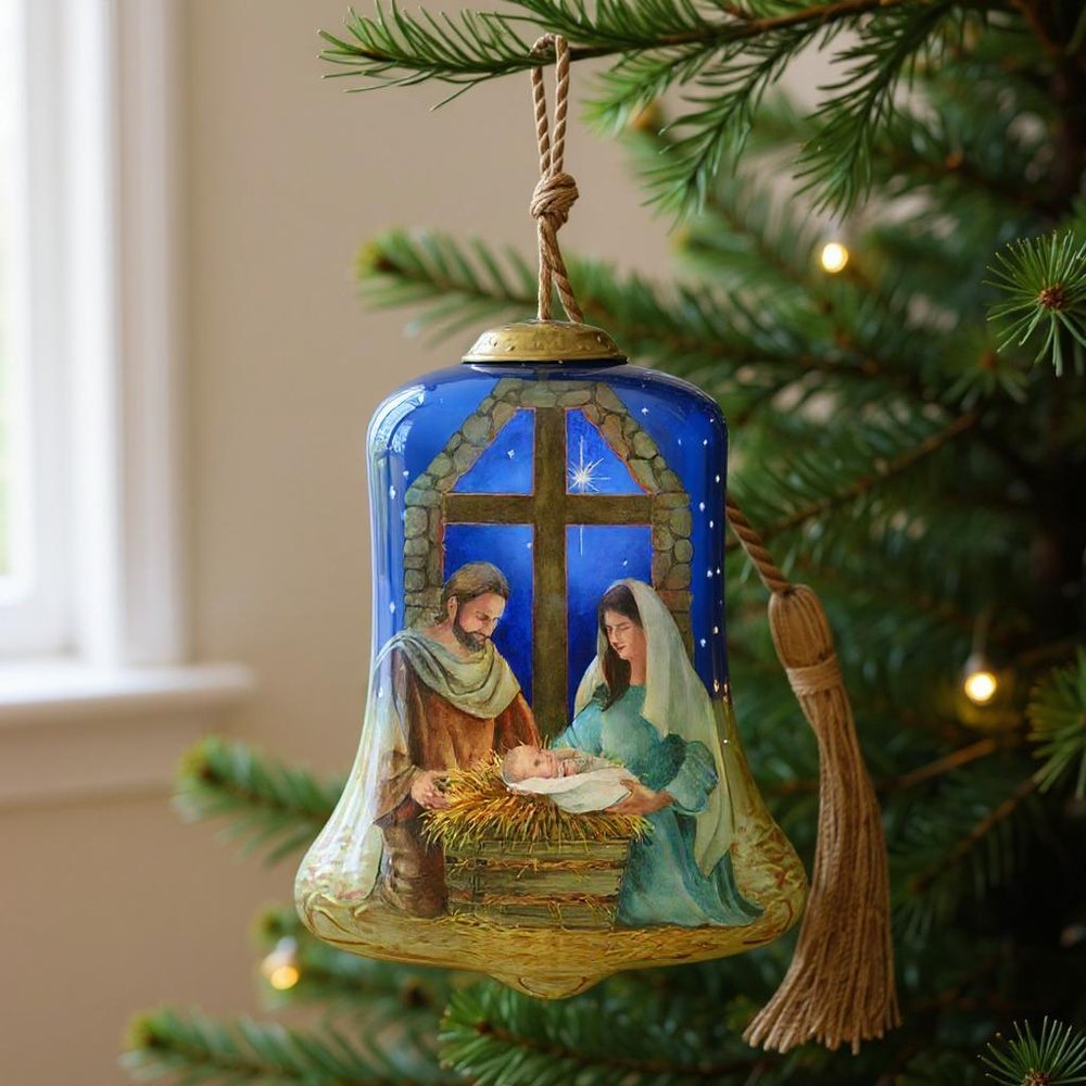 Chrild is Born Hand Painted Blue And Brown Glass Holiday Shaped Ornament