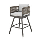 30" Black and Light Gray Aluminum Swivel Rope Back Outdoor Bar Height Chair with Footrest