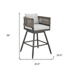 30" Black and Light Gray Aluminum Swivel Rope Back Outdoor Bar Height Chair with Footrest