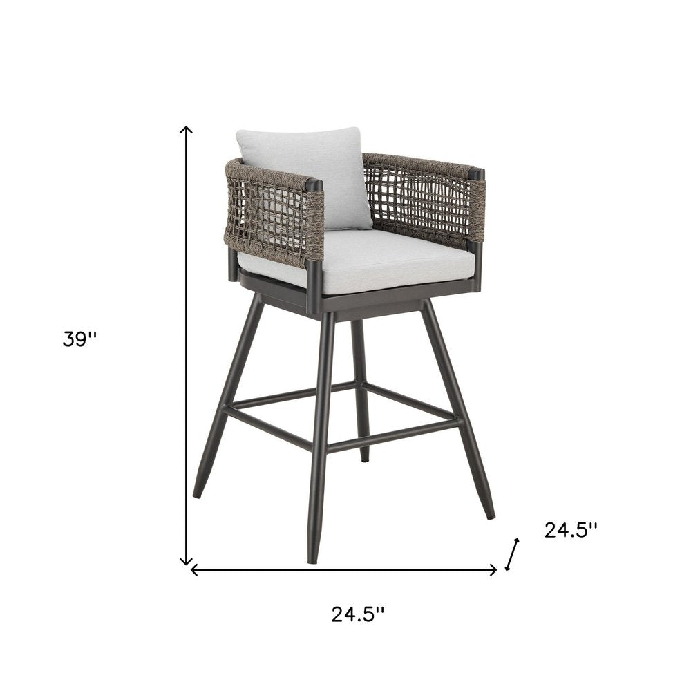 30" Black and Light Gray Aluminum Swivel Rope Back Outdoor Bar Height Chair with Footrest