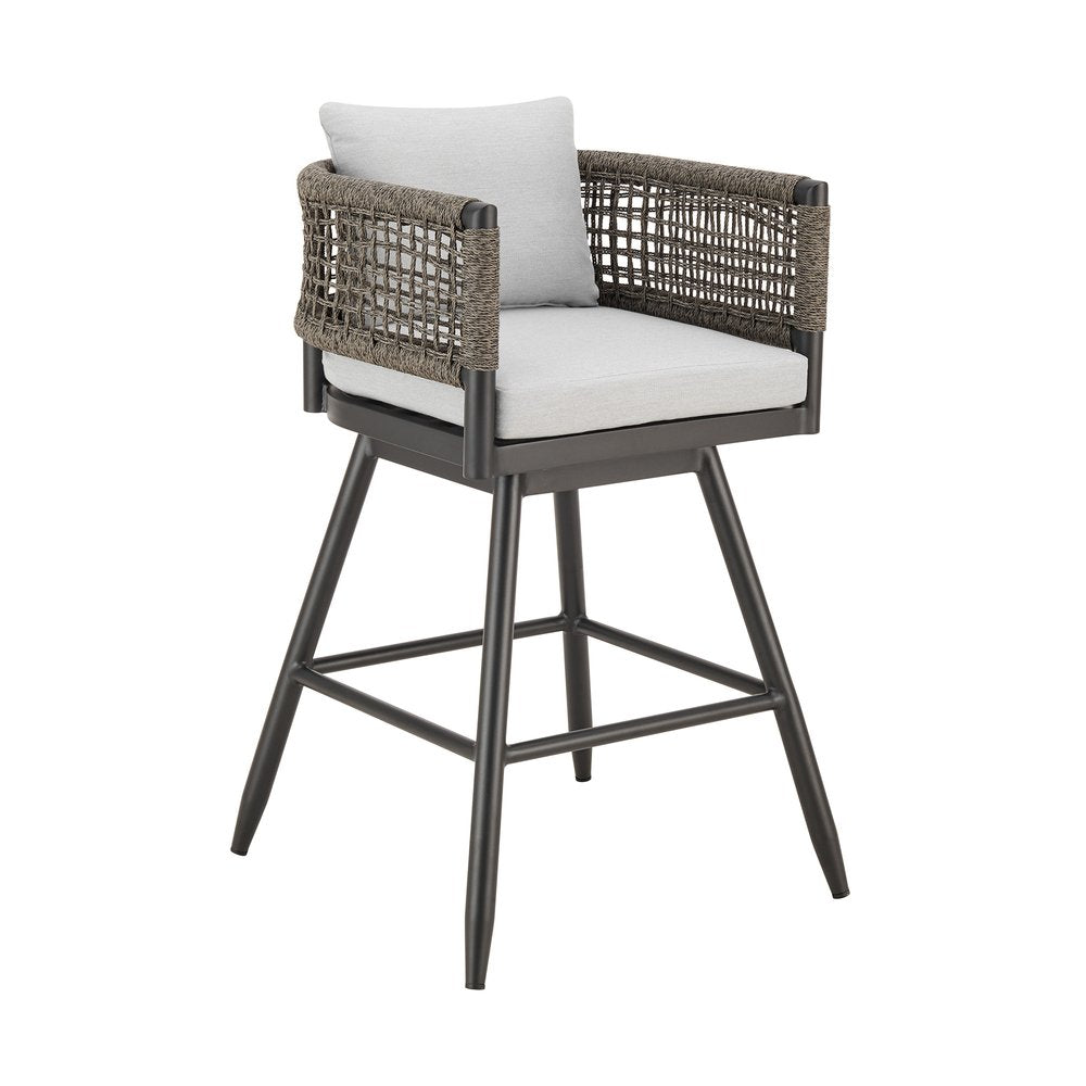 30" Black and Light Gray Aluminum Swivel Rope Back Outdoor Bar Height Chair with Footrest