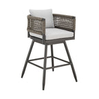 30" Black and Light Gray Aluminum Swivel Rope Back Outdoor Bar Height Chair with Footrest