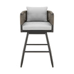 30" Black and Light Gray Aluminum Swivel Rope Back Outdoor Bar Height Chair with Footrest