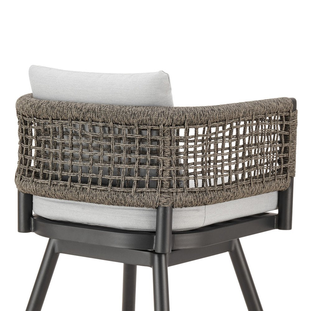 30" Black and Light Gray Aluminum Swivel Rope Back Outdoor Bar Height Chair with Footrest