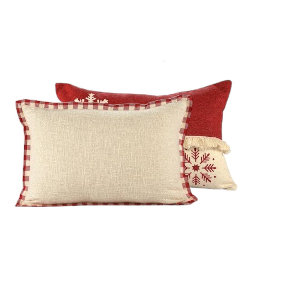 Set of Two Ivory And Red Lumbar Christmas Plaid Cotton Throw Pillow Covers with Fringe