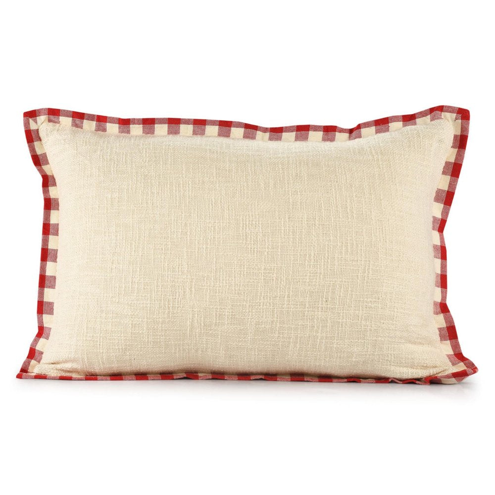 Set of Two Ivory And Red Lumbar Christmas Plaid Cotton Throw Pillow Covers with Fringe