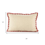 Set of Two Ivory And Red Lumbar Christmas Plaid Cotton Throw Pillow Covers with Fringe