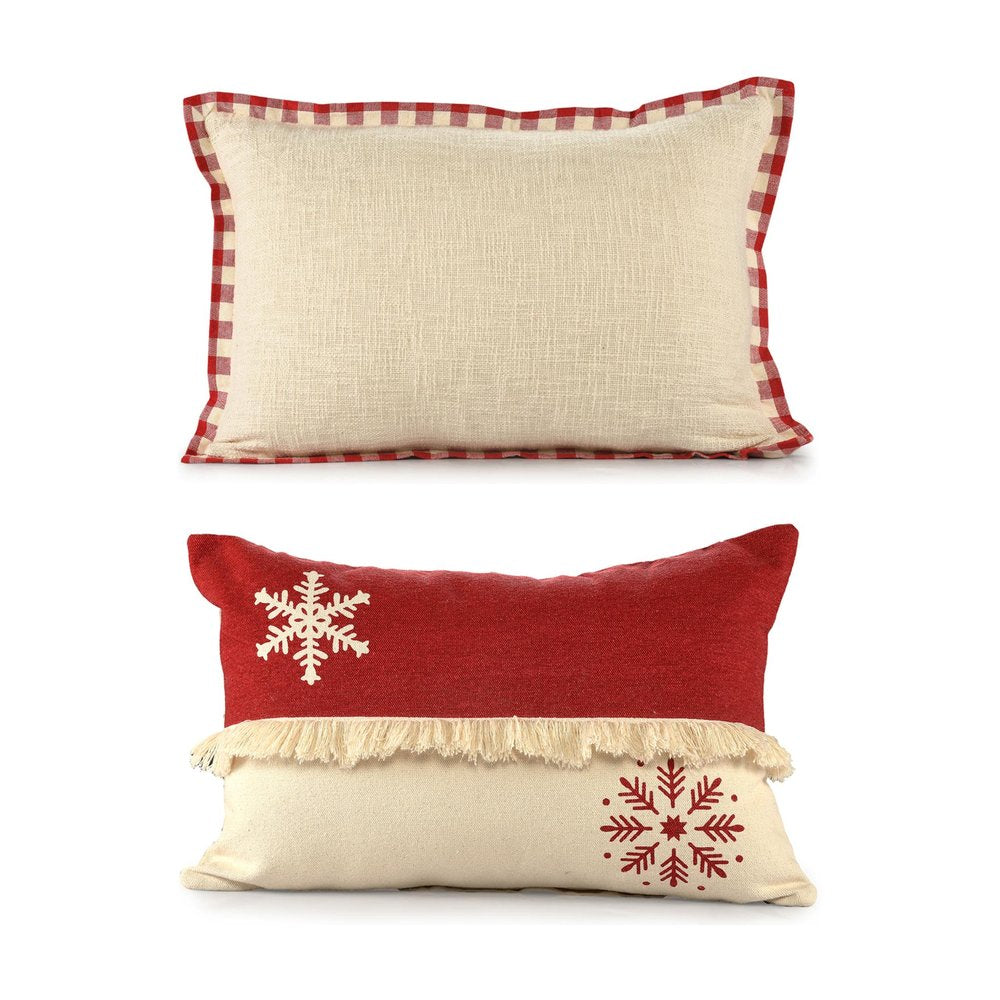 Set of Two Ivory And Red Lumbar Christmas Plaid Cotton Throw Pillow Covers with Fringe