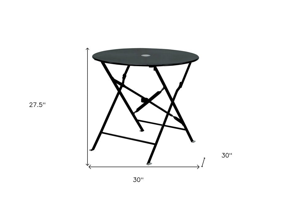 30" Black Rounded Aluminum Folding Outdoor Bistro Table with Umbrella Hole