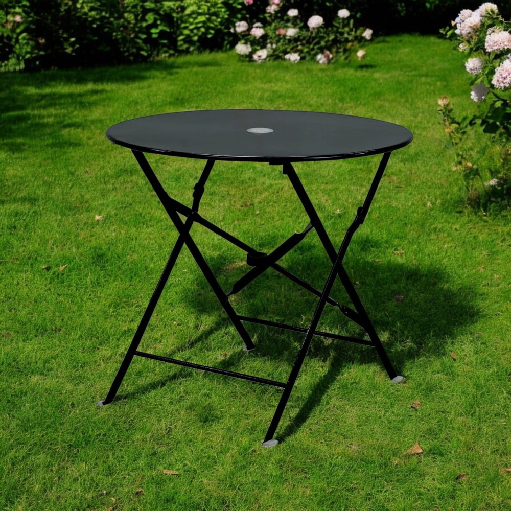 30" Black Rounded Aluminum Folding Outdoor Bistro Table with Umbrella Hole
