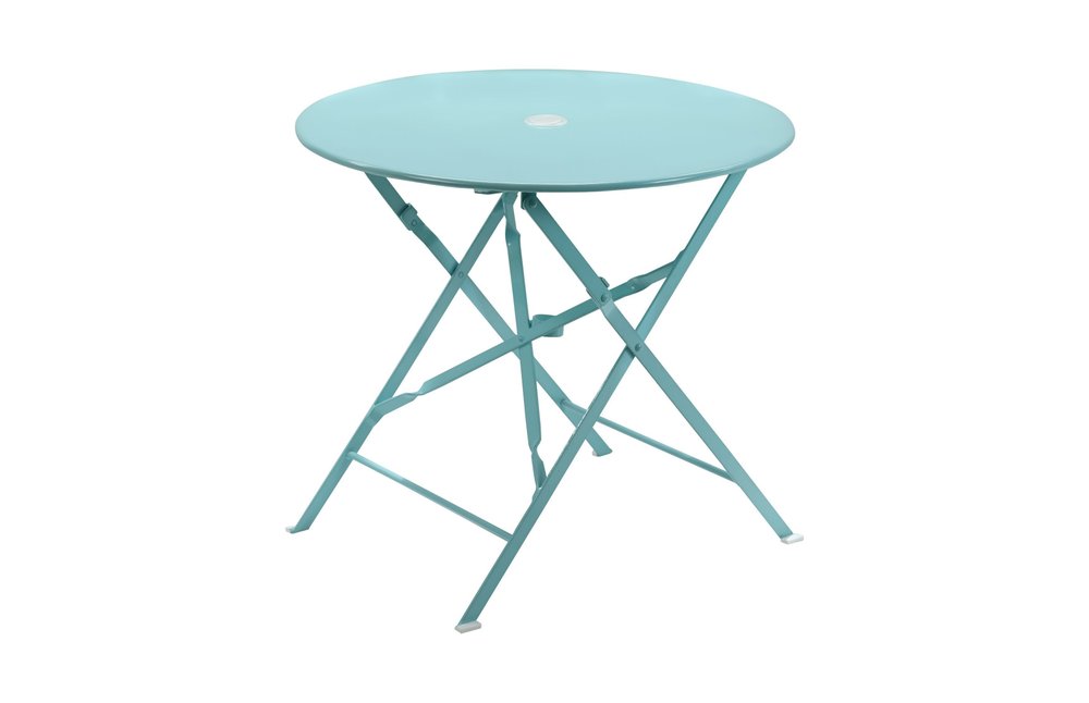 30" Aqua Rounded Aluminum Folding Outdoor Bistro Table with Umbrella Hole