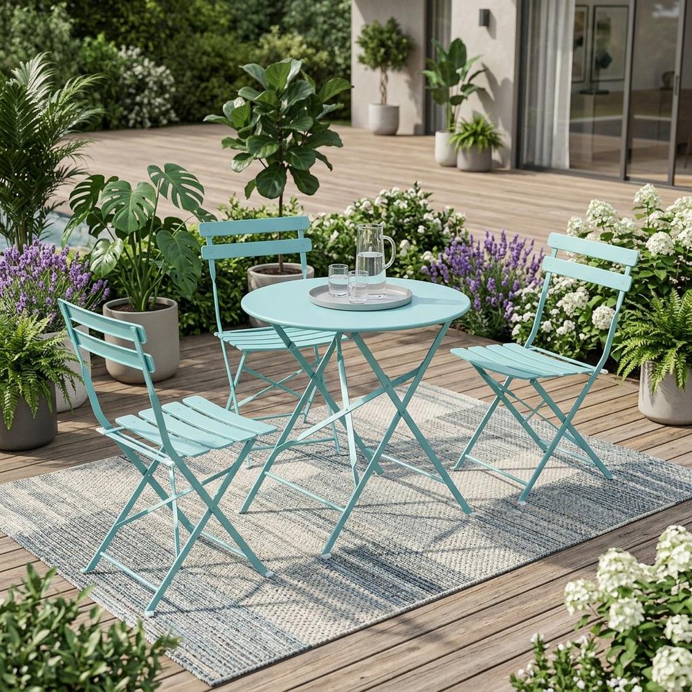 30" Aqua Rounded Aluminum Folding Outdoor Bistro Table with Umbrella Hole