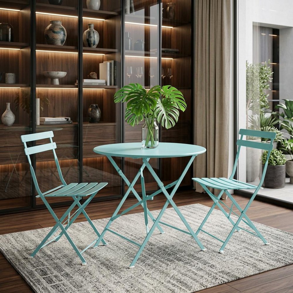 30" Aqua Rounded Aluminum Folding Outdoor Bistro Table with Umbrella Hole