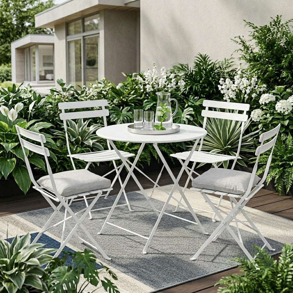30" White Rounded Aluminum Folding Outdoor Bistro Table with Umbrella Hole
