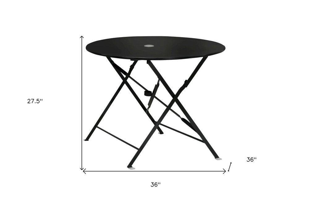 36" Black Rounded Aluminum Folding Outdoor Dining Table with Umbrella Hole
