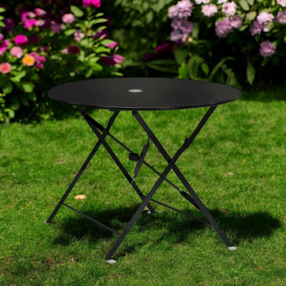36" Black Rounded Aluminum Folding Outdoor Dining Table with Umbrella Hole