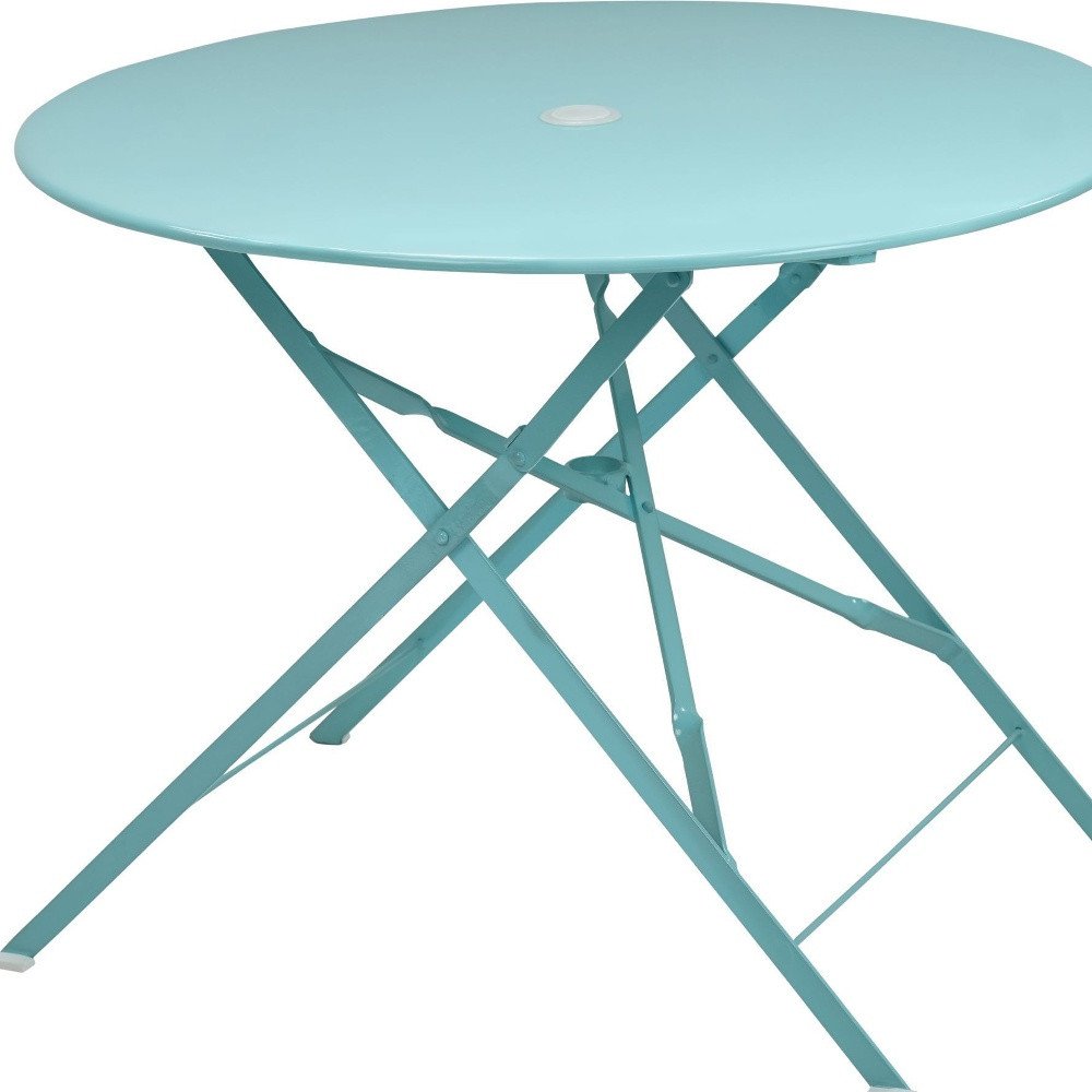 36" Aqua Rounded Aluminum Folding Outdoor Dining Table with Umbrella Hole
