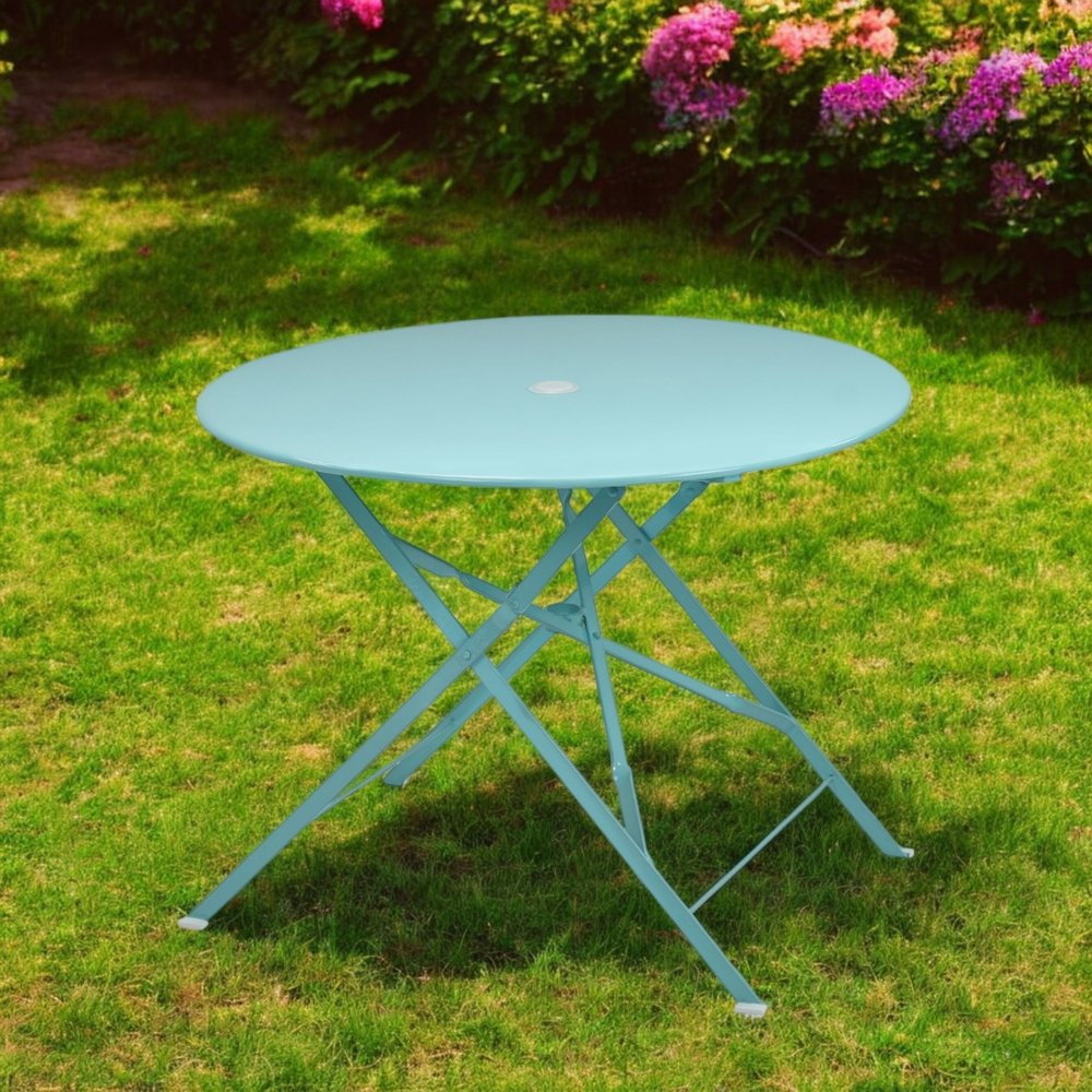 36" Aqua Rounded Aluminum Folding Outdoor Dining Table with Umbrella Hole