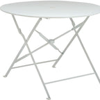36" White Rounded Aluminum Folding Outdoor Dining Table with Umbrella Hole