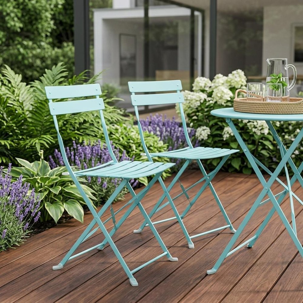 Set of Two Aqua Blue Aluminum Outdoor Folding Dining Chairs