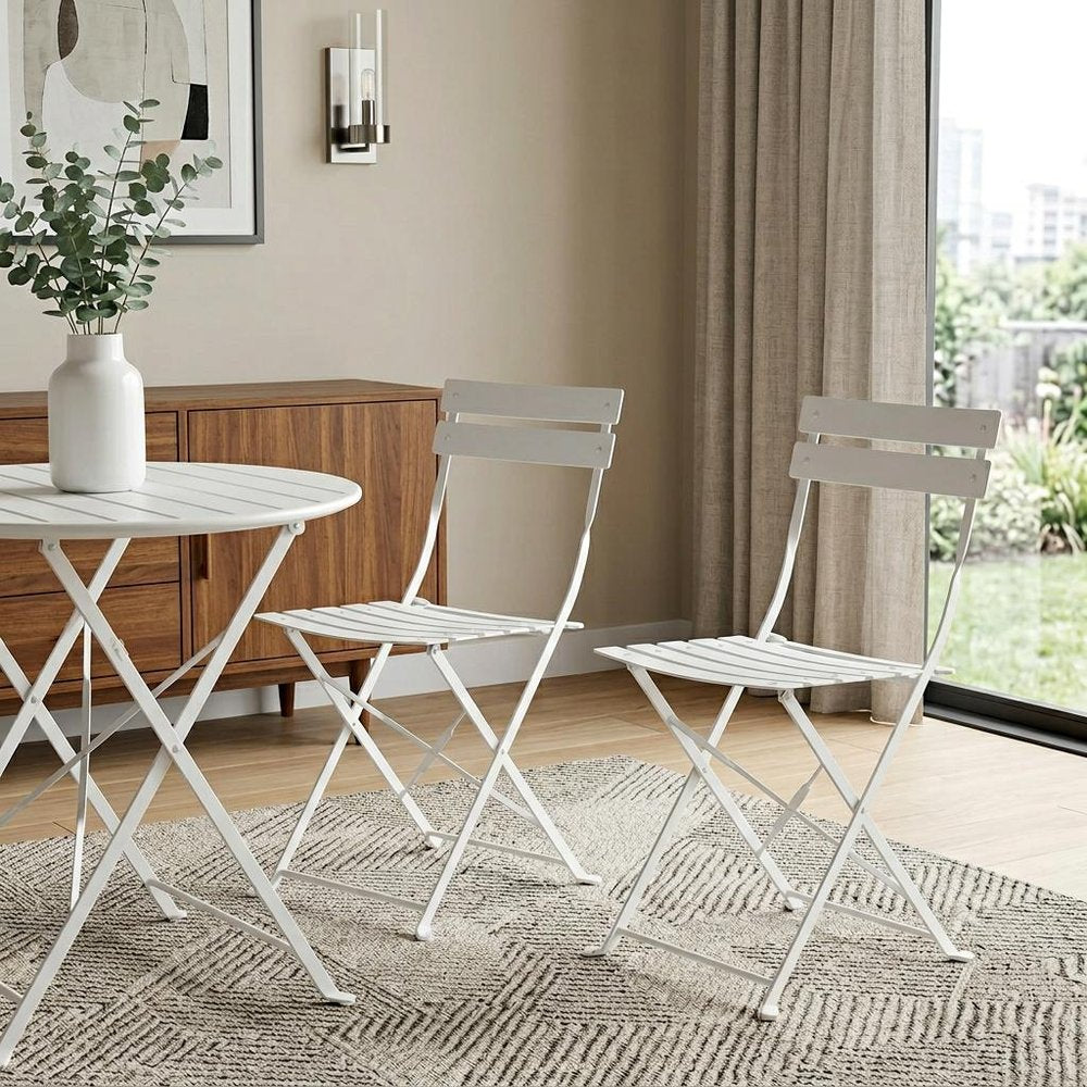Set of Two White Aluminum Outdoor Folding Dining Chairs