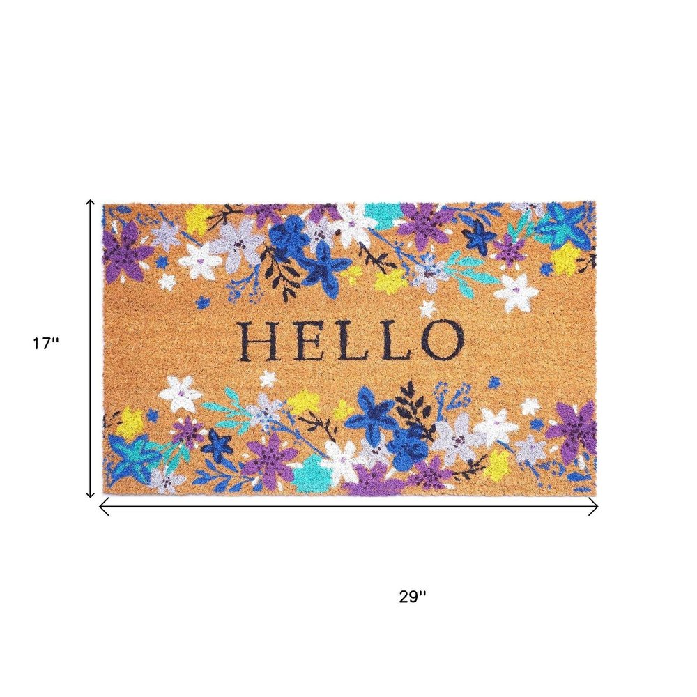 24" X 36" Natural Blue and Purple Coir Floral Hello Outdoor Door Mat