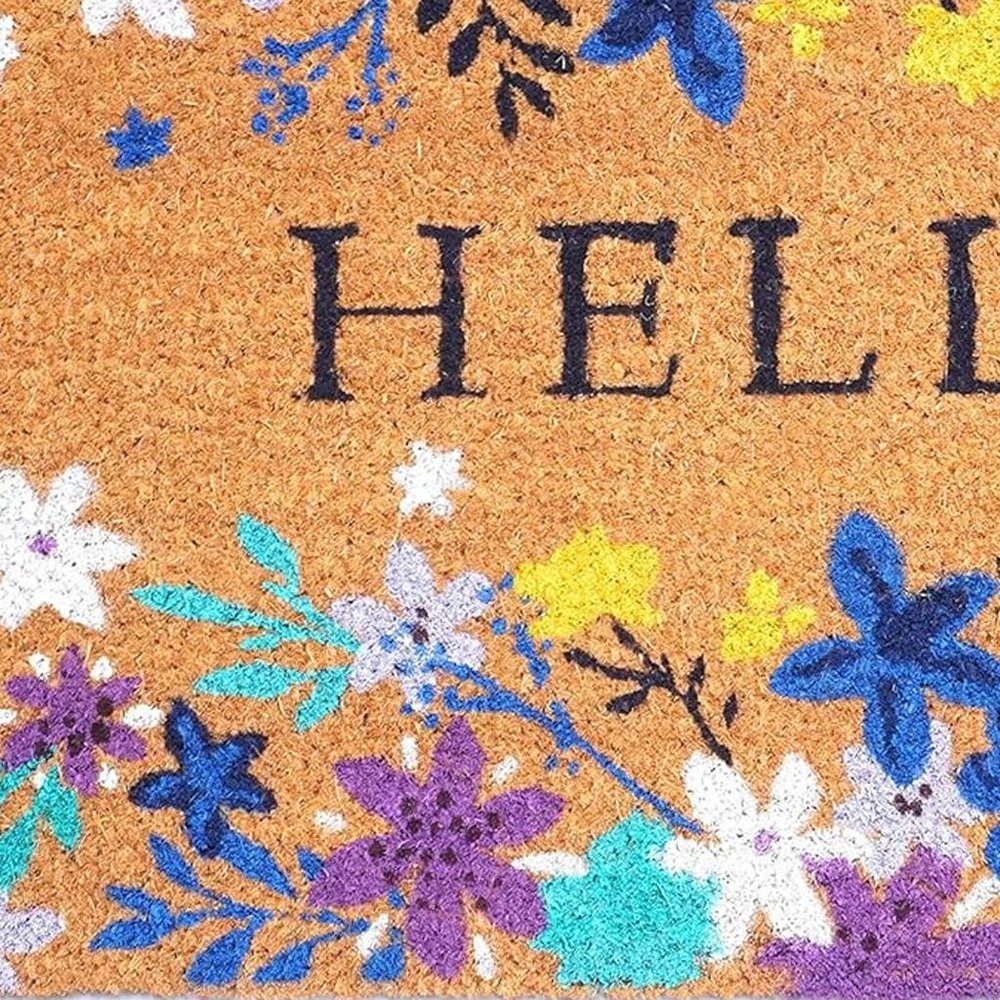 24" X 36" Natural Blue and Purple Coir Floral Hello Outdoor Door Mat