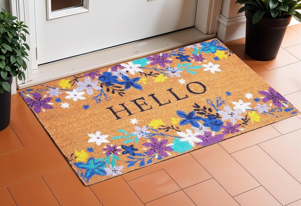 24" X 36" Natural Blue and Purple Coir Floral Hello Outdoor Door Mat